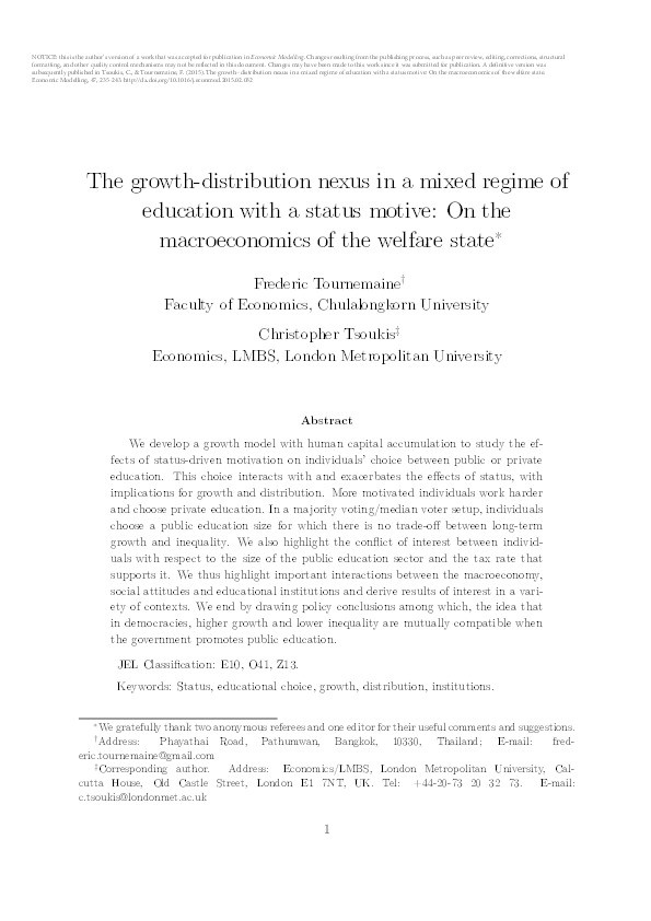 The growth–distribution nexus in a mixed regime of education with a status motive: On the macroeconomics of the welfare state Thumbnail