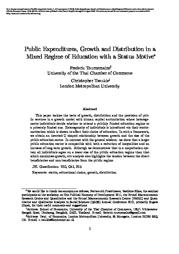 Public expenditures, growth and distribution in a mixed regime of education with a status motive Thumbnail