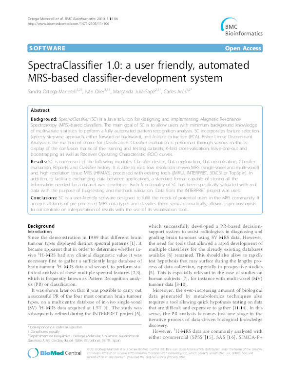 SpectraClassifier 1.0: a user friendly, automated MRS-based classifier-development system Thumbnail