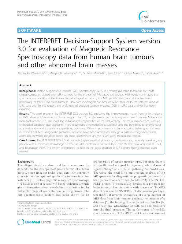 The INTERPRET Decision-Support System version 3.0 for evaluation of Magnetic Resonance Spectroscopy data from human brain tumours and other abnormal brain masses. Thumbnail