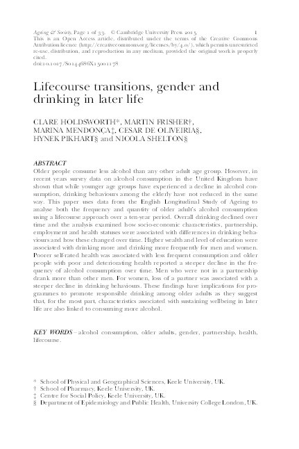 Lifecourse transitions, gender and drinking in later life Thumbnail
