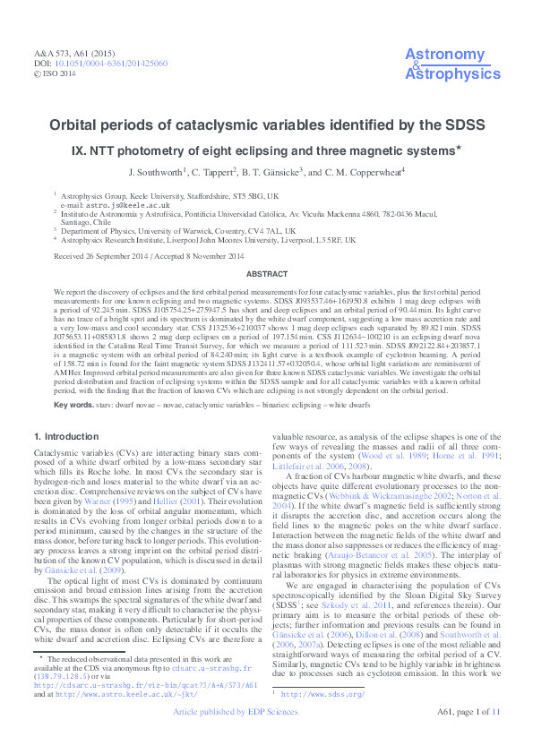 Orbital periods of cataclysmic variables identified by the SDSS IX. NTT photometry of eight eclipsing and three magnetic systems Thumbnail