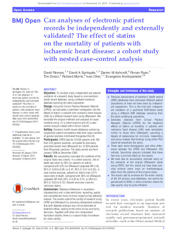 Can analyses of electronic patient records be independently and externally validated? The effect of statins on the mortality of patients with ischaemic heart disease: a cohort study with nested case-control analysis Thumbnail