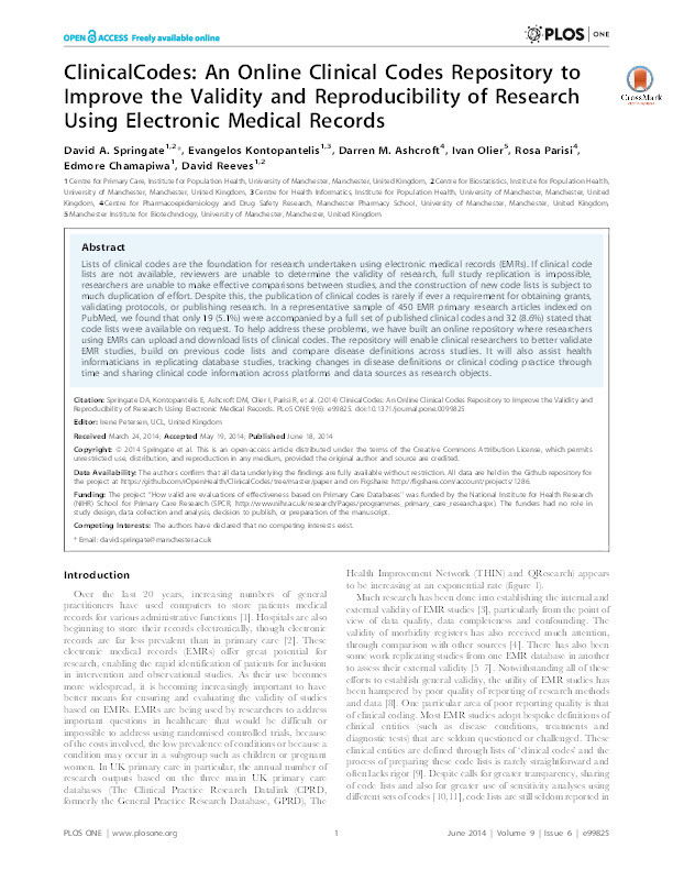 Clinicalcodes: an online clinical codes repository to improve the validity and reproducibility of research using electronic medical records Thumbnail