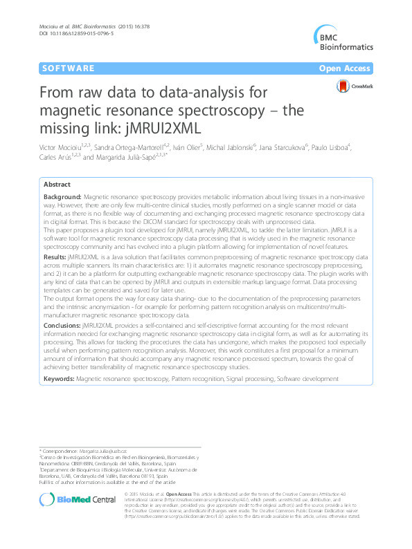 From raw data to data-analysis for magnetic resonance spectroscopy – the missing link: jMRUI2XML Thumbnail