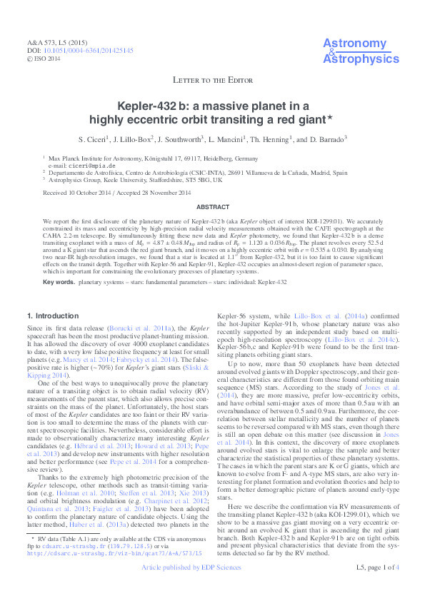 Kepler-432 b: a massive planet in a highly eccentric orbit transiting a red giant Thumbnail