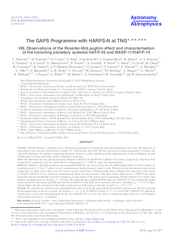 The GAPS Programme with HARPS-N at TNG VIII. Observations of the Rossiter-McLaughlin effect and characterisation of the transiting planetary systems HAT-P-36 and WASP-11/HAT-P-10 Thumbnail