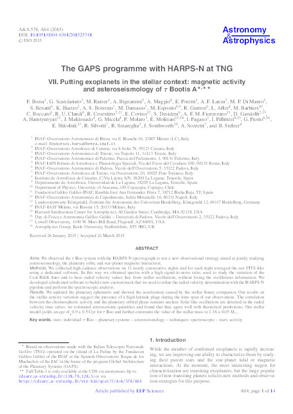 The GAPS programme with HARPS-N at TNG VII. Putting exoplanets in the stellar context: magnetic activity and asteroseismology of tau Bootis A Thumbnail