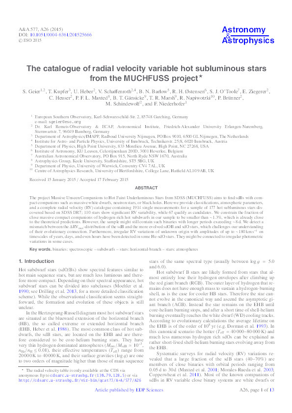 The catalogue of radial velocity variable hot subluminous stars from the MUCHFUSS project Thumbnail