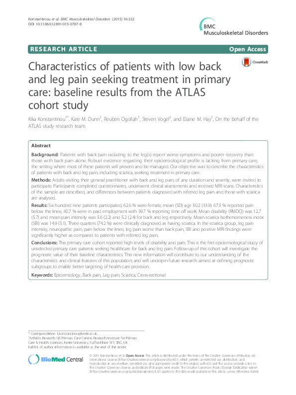 Characteristics of patients with low back and leg pain seeking treatment in primary care: baseline results from the ATLAS cohort study. Thumbnail
