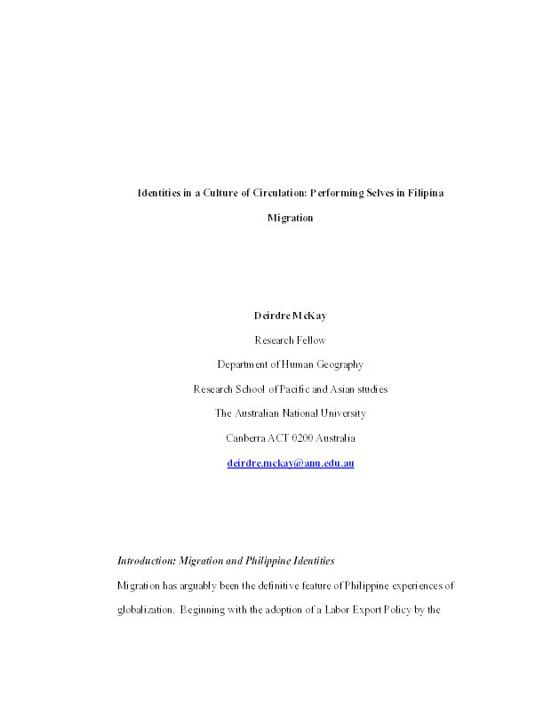 Identities in a Culture of Circulation: Performing Selves in Filipina Migration Thumbnail
