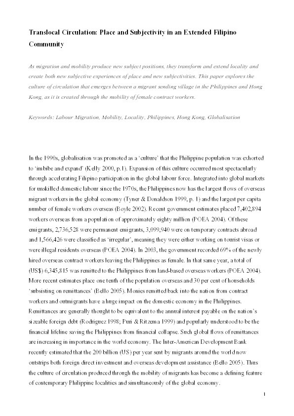 Translocal Circulation: Place and Subjectivity in an Extended Filipino Community Thumbnail