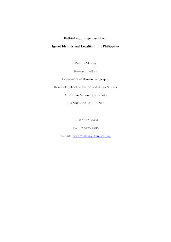 Rethinking Indigenous Place: Igorot Identity and Locality in the Philippines Thumbnail
