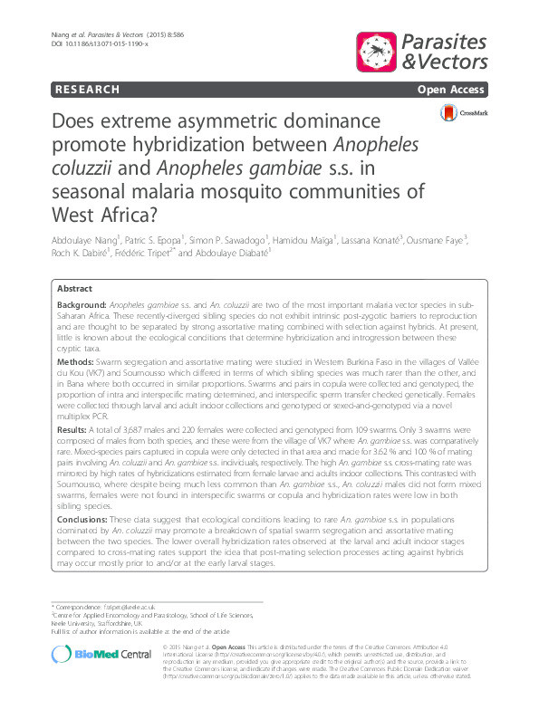 Does extreme asymmetric dominance promote hybridization between Anopheles coluzzii and Anopheles gambiae s.s. in seasonal malaria mosquito communities of West Africa? Thumbnail