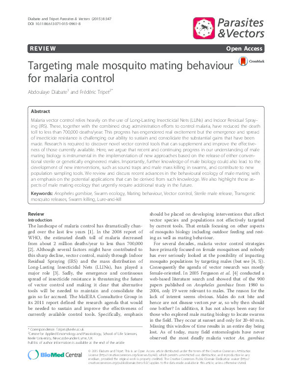 Targeting male mosquito mating behaviour for malaria control Thumbnail