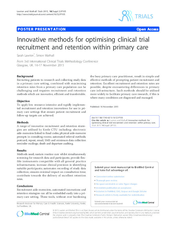 Innovation methods for optimising clinical trial recruitment and retention within primary care Thumbnail
