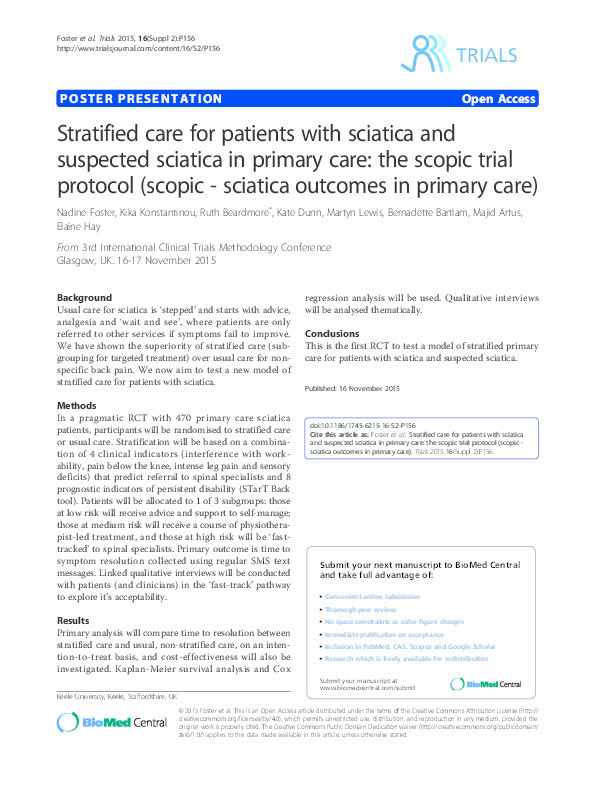 Stratified care for patients with sciatica and suspected sciatica in primary care: the scopic trial protocol (scopic-sciatica outcomes in primary care) Thumbnail
