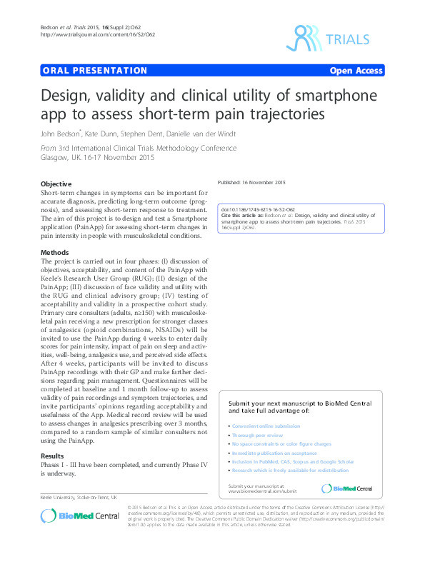 Design, validity and clinical utility of smartphone app to assess short-term pain trajectories Thumbnail
