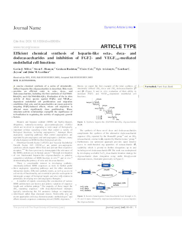 Efficient chemical synthesis of heparin-like octa-, deca- and dodecasaccharides and inhibition of FGF2-and VEGF(165)-mediated endothelial cell functions Thumbnail