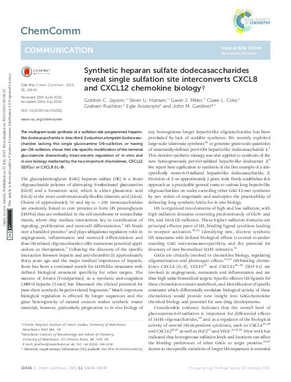 Synthetic heparan sulfate dodecasaccharides reveal single sulfation site interconverts CXCL8 and CXCL12 chemokine biology Thumbnail