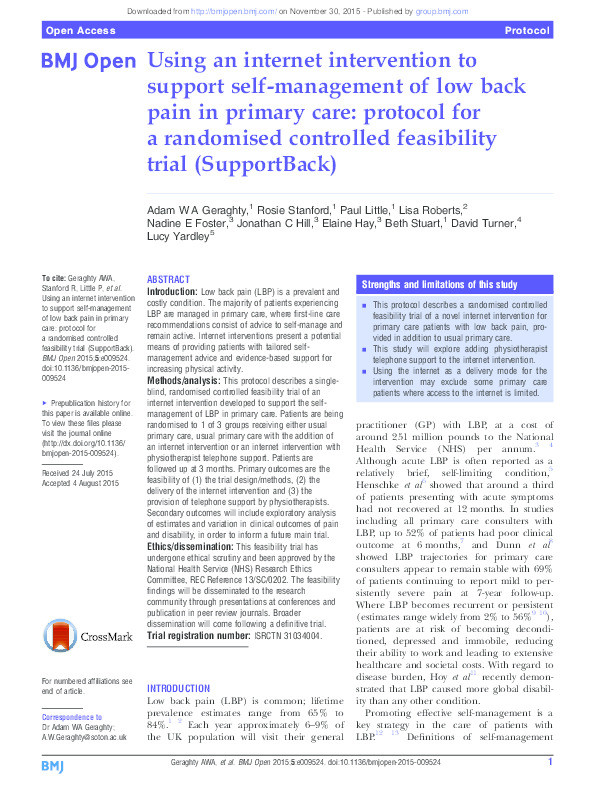 Using an internet intervention to support self-management of low back pain in primary care: Protocol for a randomised controlled feasibility trial (supportback) Thumbnail