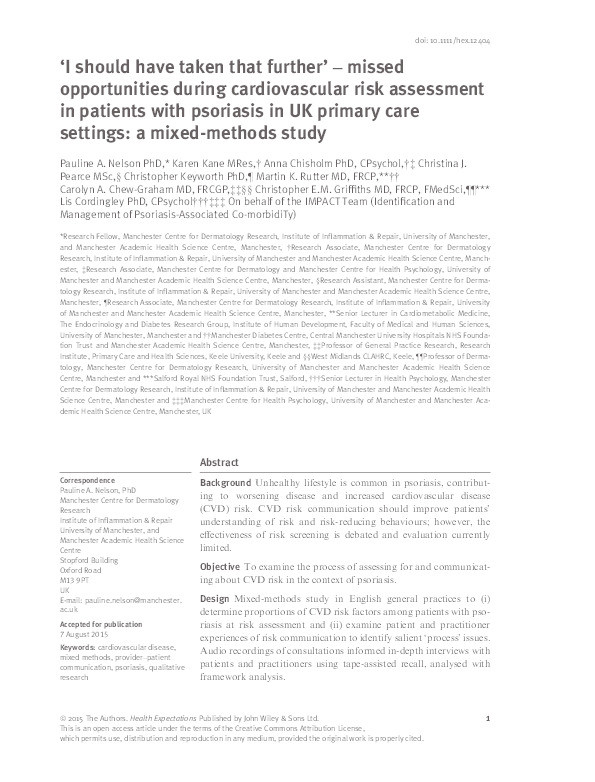 'I should have taken that further' - missed opportunities during cardiovascular risk assessment in patients with psoriasis in UK primary care settings: a mixed-methods study. Thumbnail
