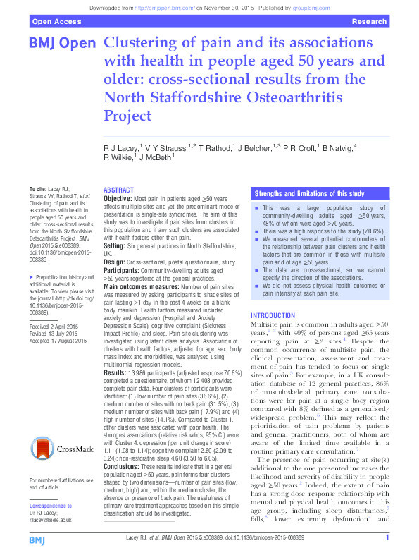 Clustering of pain and its associations with health in people aged 50 years and older: cross-sectional results from the North Staffordshire Osteoarthritis Project Thumbnail