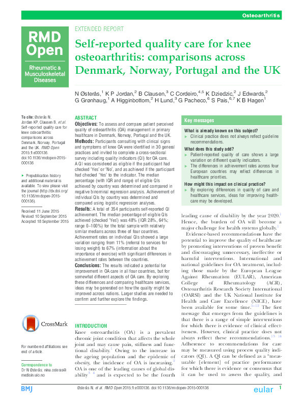 Self reported quality care for knee osteoarthritis: comparisons across Denmark, Norway, Portugal and UK Thumbnail