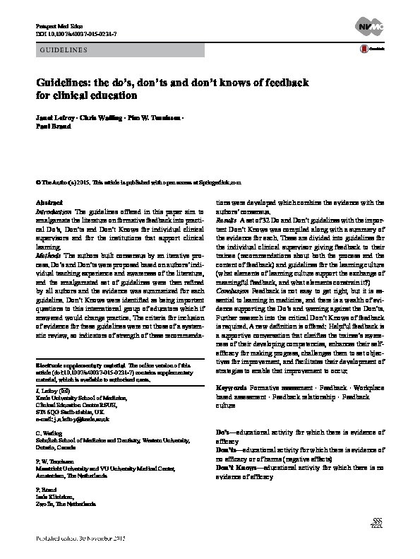 Guidelines: the do’s, don’ts and don’t knows of feedback for clinical education Thumbnail