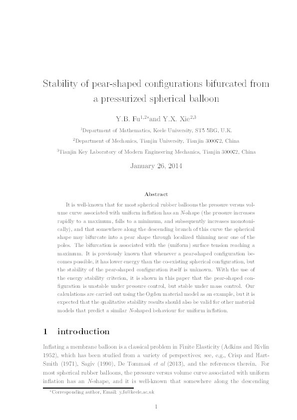 Stability of pear-shaped configurations bifurcated from a pressurized spherical balloon Thumbnail