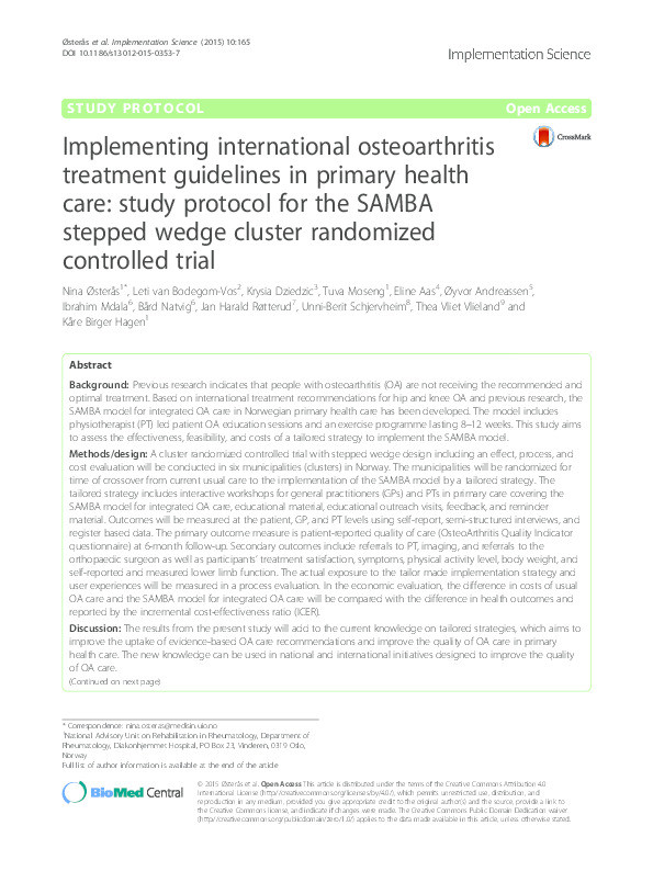 Implementing international osteoarthritis treatment guidelines in primary health care: study protocol for the SAMBA stepped wedge cluster randomized controlled trial Thumbnail