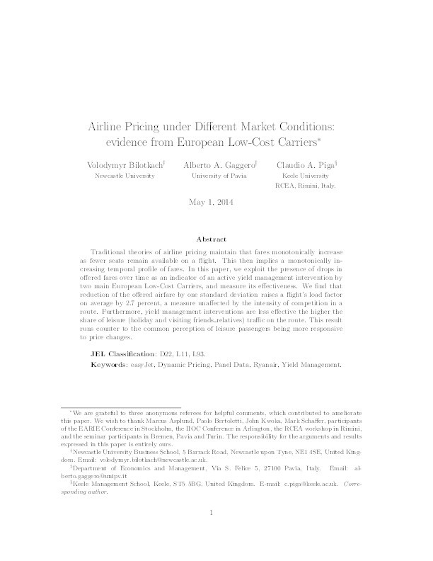 Airline pricing under different market conditions: evidence from European Low Cost Carriers Thumbnail
