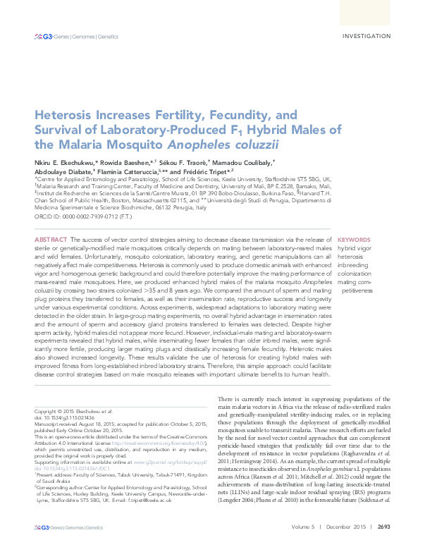 Heterosis Increases Fertility, Fecundity and Survival of Laboratory-Produced F1 Hybrid Males of the Malaria Mosquito Anopheles coluzzii Thumbnail
