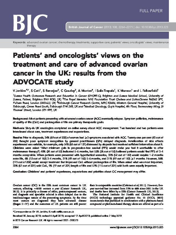 Patients' and oncologists' views on the treatment and care of advanced ovarian cancer in the U.K.: results from the ADVOCATE study Thumbnail