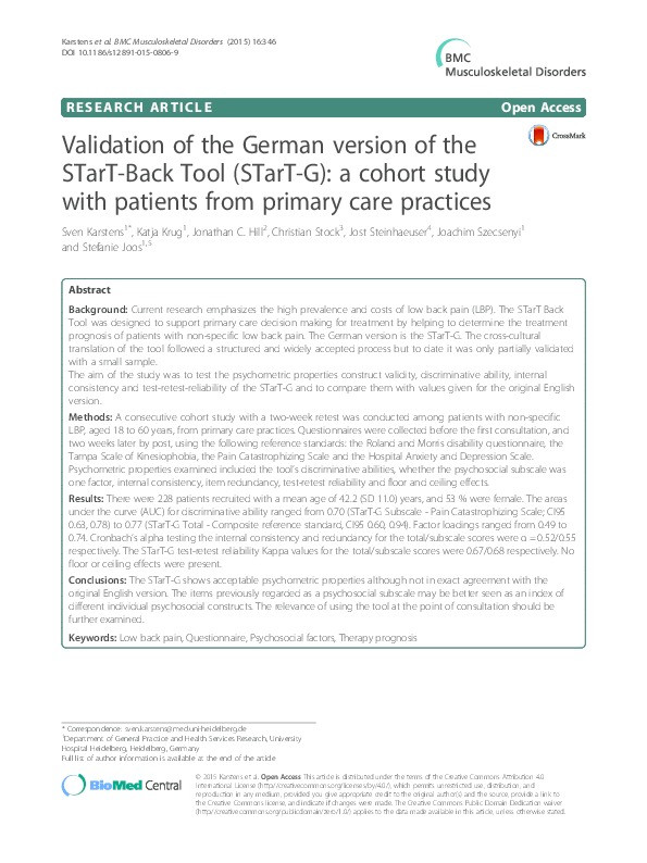 Validation of the German version of the STarT-Back Tool (STarT-G): a cohort study with patients from primary care practices Thumbnail