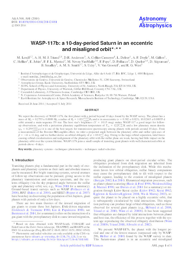 WASP-117b: a 10-day-period Saturn in an eccentric and misaligned orbit Thumbnail