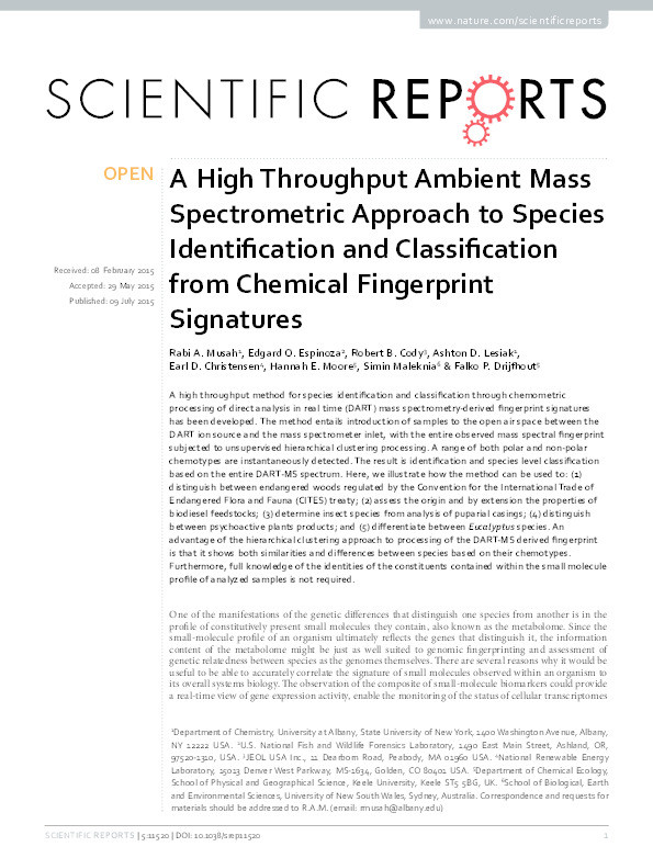 A High Throughput Ambient Mass Spectrometric Approach to Species Identification and Classification from Chemical Fingerprint Signatures. Thumbnail
