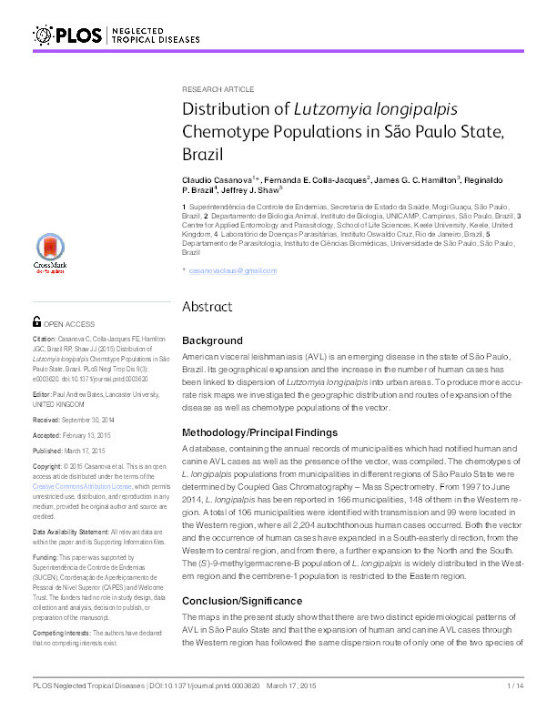 Distribution of Lutzomyia longipalpis chemotype populations in São Paulo state, Brazil. Thumbnail