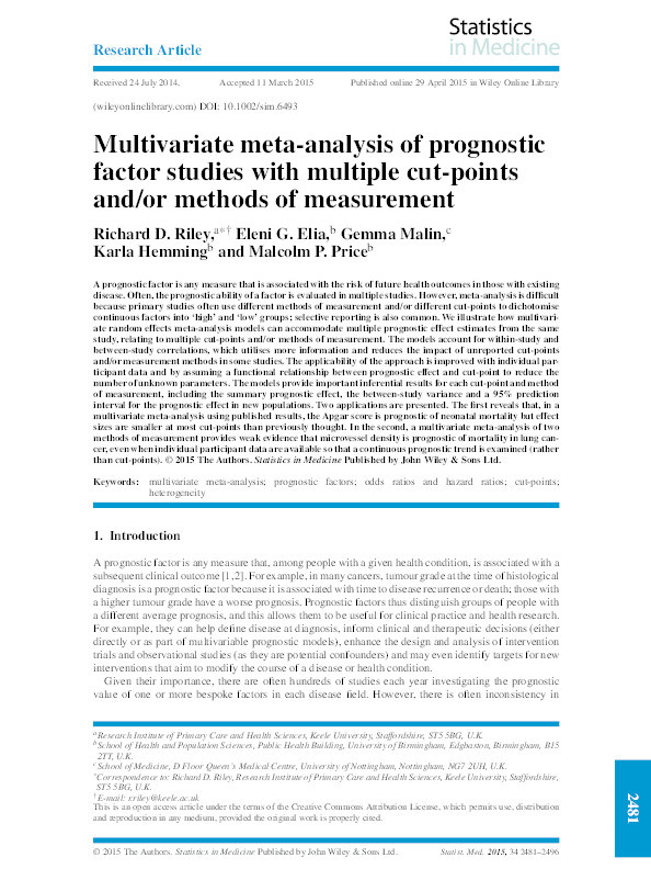 Multivariate meta-analysis of prognostic factor studies with multiple cut-points and/or methods of measurement. Thumbnail