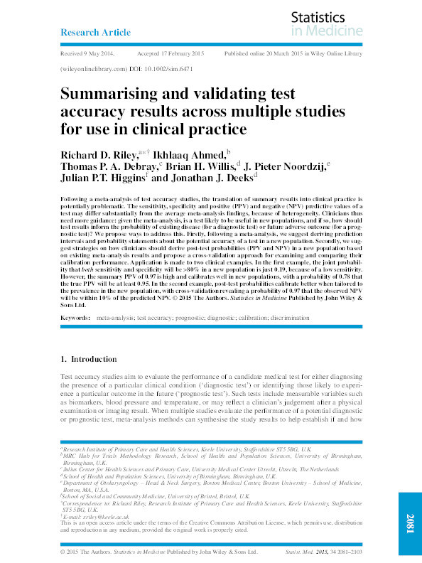 Summarising and validating test accuracy results across multiple studies for use in clinical practice. Thumbnail