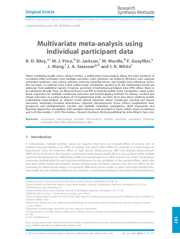Multivariate meta-analysis using individual participant data. Thumbnail