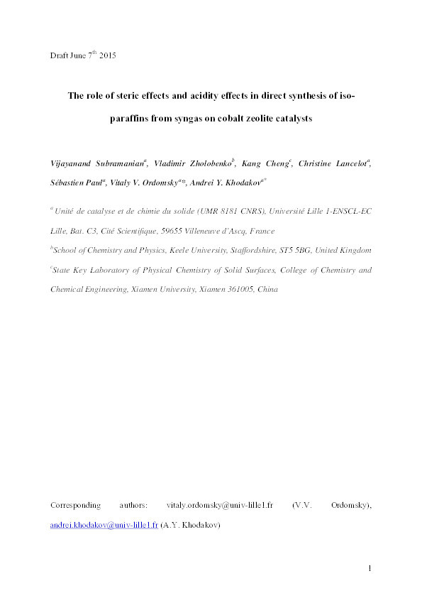 The role of steric effects and acidity in direct synthesis of iso-paraffins from syngas on cobalt zeolite catalysts Thumbnail