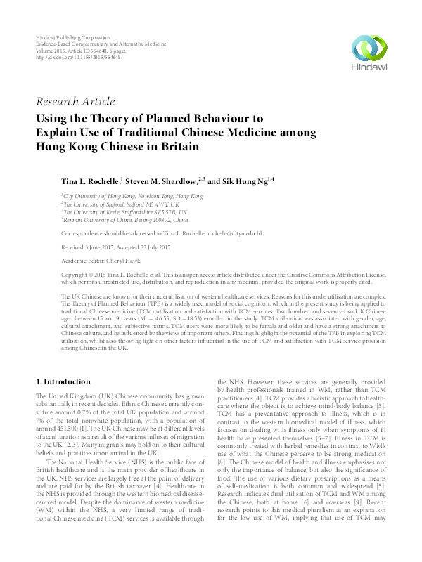 Using the Theory of Planned Behaviour to Explain Use of Traditional Chinese Medicine among Hong Kong Chinese in Britain Thumbnail