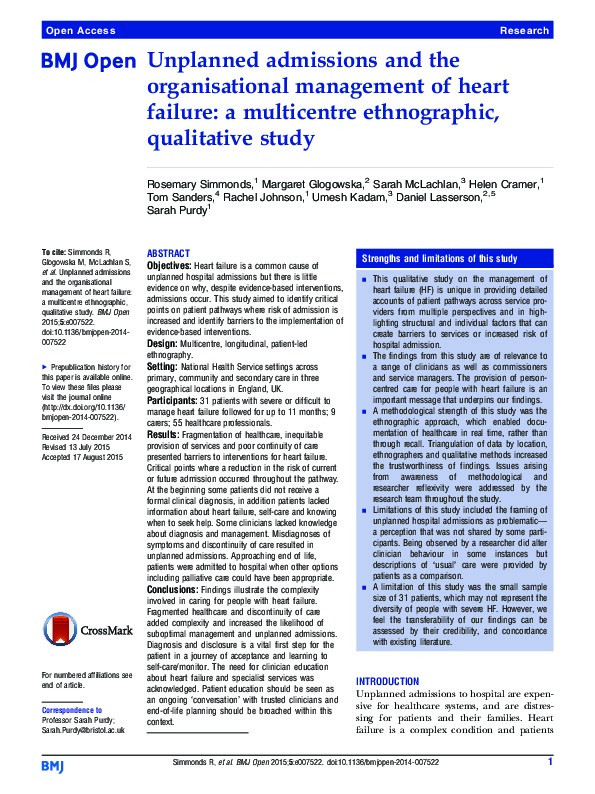 Unplanned admissions and the organisational management of heart failure: a multicentre ethnographic, qualitative study. Thumbnail