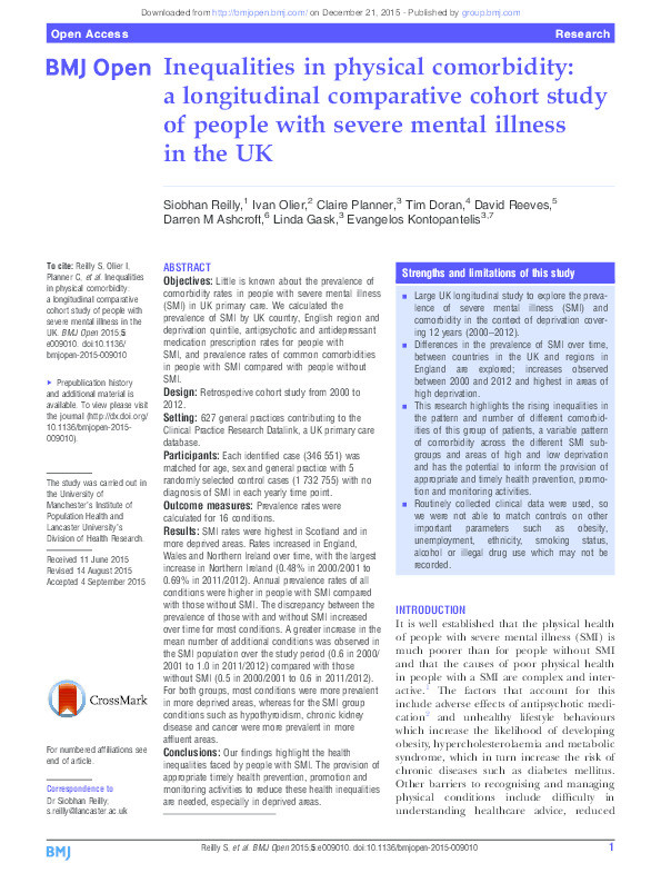 Inequalities in physical comorbidity: a longitudinal comparative cohort study of people with severe mental illness in the UK Thumbnail
