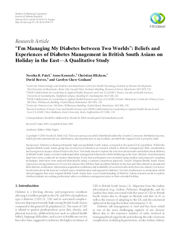 ‘I’m managing my diabetes between two worlds’: Beliefs and experiences of diabetes management in British South Asians on holiday in the East: a qualitative study Thumbnail