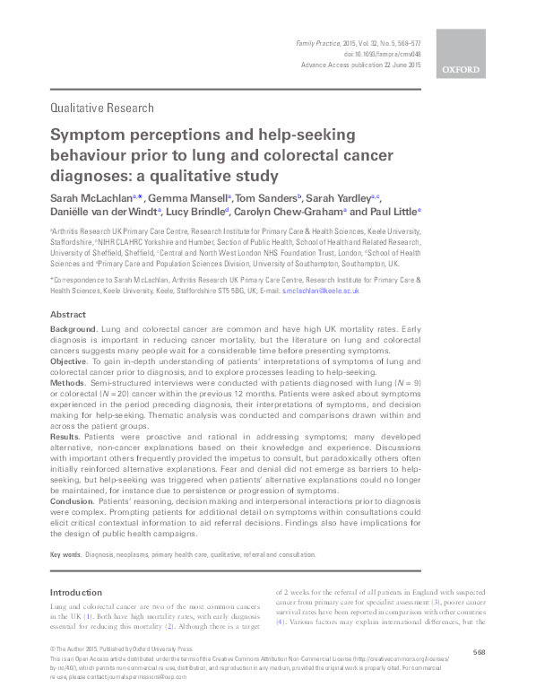 Symptom perceptions and help-seeking behaviour prior to lung and colorectal cancer diagnoses: a qualitative study. Thumbnail