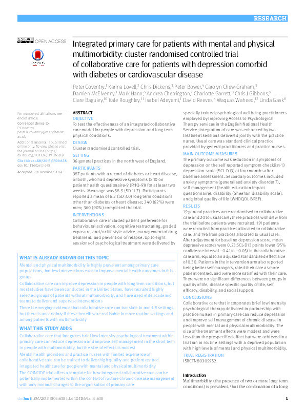 Integrated primary care for patients with mental and physical multimorbidity: cluster randomised controlled trial of collaborative care for patients with depression comorbid with diabetes or cardiovascular disease Thumbnail