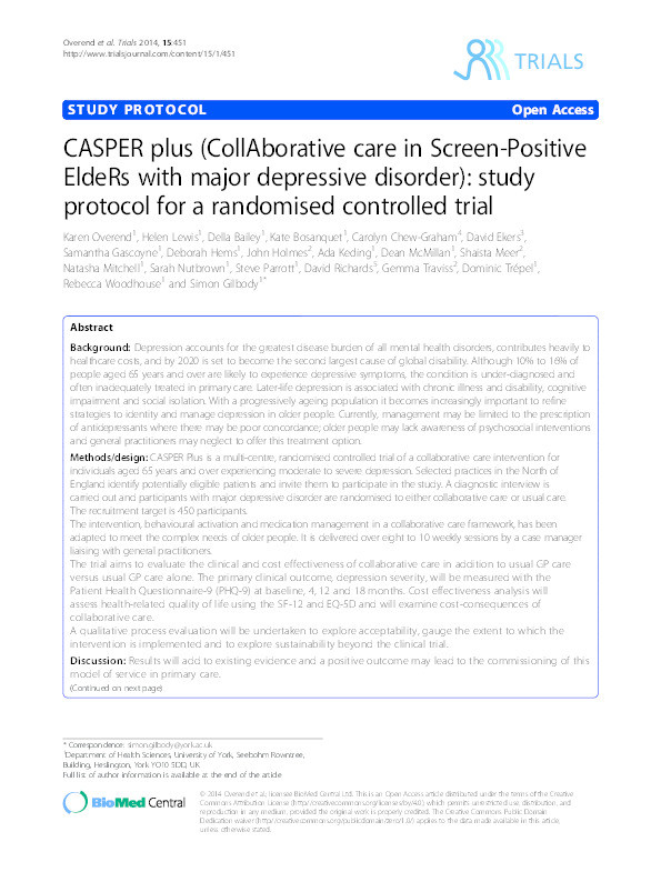 CASPER plus (CollAborative Care in Screen-Positive EldeRs with major depressive disorder): study protocol for a randomised controlled trial. Thumbnail