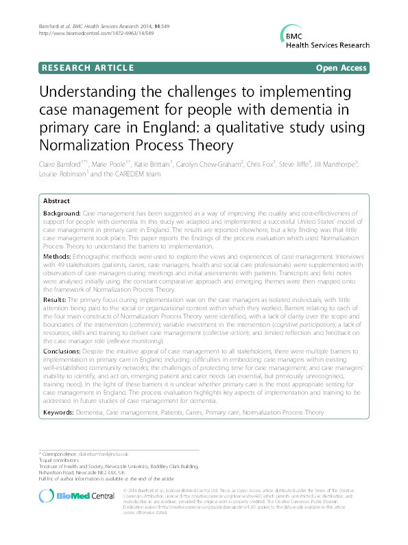 Understanding the challenges to implementing case management for people with dementia in English primary care using Normalisation Process Theory Thumbnail